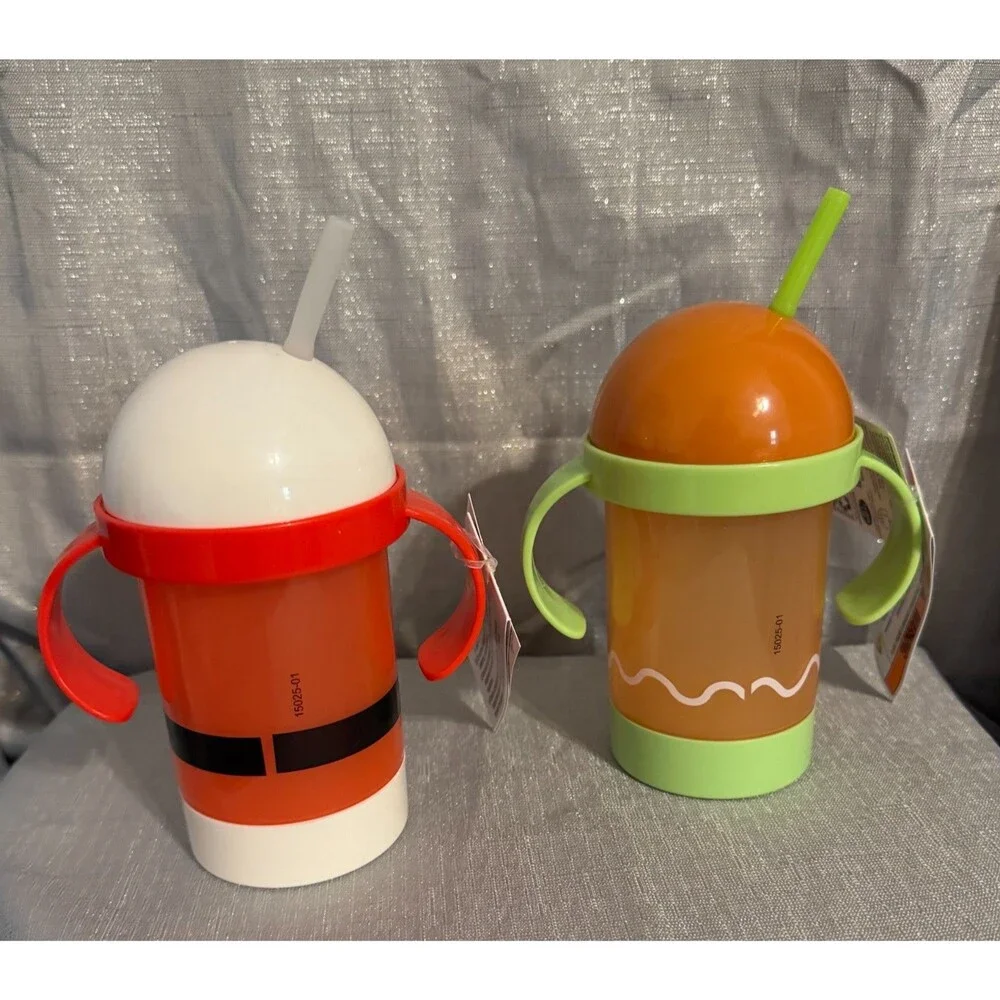 Light-Up Plastic 16oz Santa & Gingerbread Man Sippy Cups Dome Lid & Straw Handle
